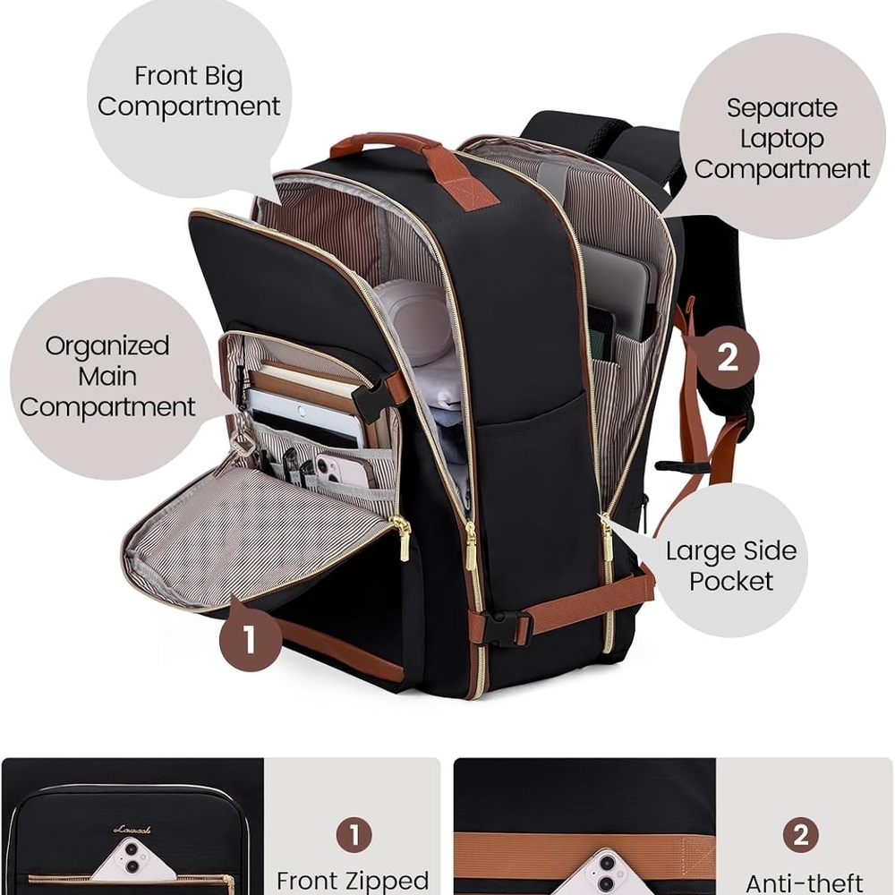 LoveVook Stylish Black Backpack with Brown Accents